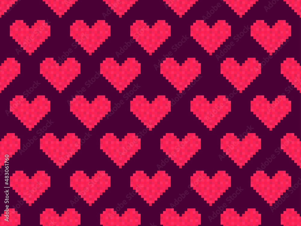 Wall mural pixel art hearts seamless pattern. 8-bit red hearts. retro 8-bit video game. design for print, wrapp