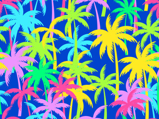 Fototapeta na wymiar Colorful palm trees seamless pattern. Tropical jungle pop art style, exotic background for advertising, postcards, poster and banner. Vector illustration