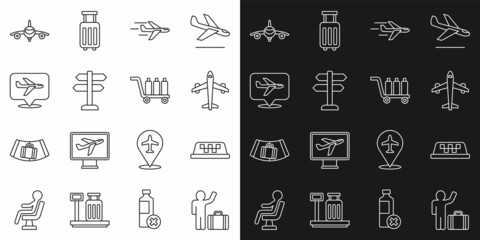 Set line Tourist with suitcase, Taxi car roof, Plane, Road traffic sign, and Trolley baggage icon. Vector