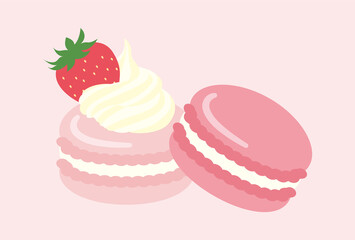 vector background with strawberry French macarons for banners, cards, flyers, social media wallpapers, etc.