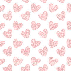Pink vintage hand drawn seamless pattern of hearts on valentine day. Vector illustration texture for fabric, wrapping, wallpaper. Decorative print