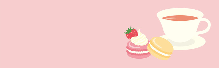 vector background with French macarons and a cup of tea for banners, cards, flyers, social media wallpapers, etc.