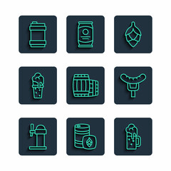 Set line Dispenser beer, Metal keg, Wooden mug, Hop, barrel, Glass of, and Sausage on the fork icon. Vector