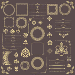Vintage set of vector horizontal, square and round elements. Golden elements for backgrounds, frames and monograms. Classic golden patterns. Set of vintage patterns