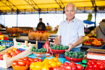 retired european man selling tomatoes in market
