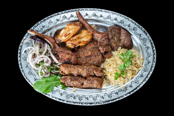 Turkish style kebab., Traditional mixed kebab karışık kebap mixed meat chicken. Turkish Mixed Kebap, Adana, Urfa, Mardin Kebap
