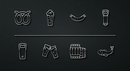 Set line Pretzel, Bottle opener, Wooden barrel, Glass of beer, Dried fish and Sausage icon. Vector