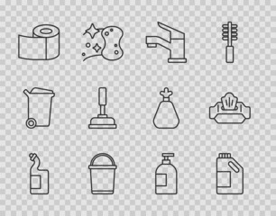 Set line Dishwashing liquid bottle, Bottle for cleaning agent, Water tap, Bucket, Toilet paper roll, Rubber plunger, and Wet wipe pack icon. Vector