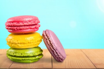 Tasty sweet macarons cakes of different colors. Culinary and cooking concept.
