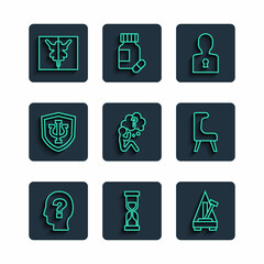 Set line Head with question mark, Old hourglass, Metronome pendulum, Solution to the problem, Psychology, Psi, Rorschach test and Armchair icon. Vector