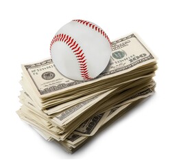 Baseball ball with cash money. Major league strike, lockout and sports betting concept.