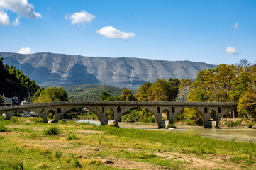 Gorica Bridge over the Osum river is a landmark in the city of Berat, Albania.