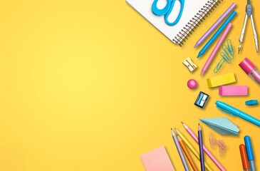 Back to school concept. Colorful stationary school supplies on the desk