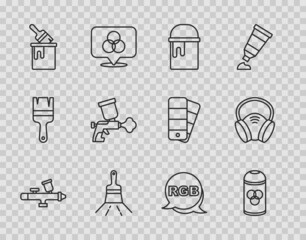 Set line Paint spray gun, can, bucket, brush, with, RGB and Gas mask icon. Vector