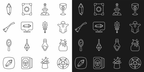 Set line Pentagram in a circle, Witch cauldron, Ghost, Sword the stone, Magic, Witches broom, and sword fire icon. Vector