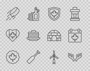 Set line Canadian maple leaf, Deer antlers, Canada flag on shield, Paddle, Hockey puck, Stack of pancakes, Wind turbine and day with icon. Vector