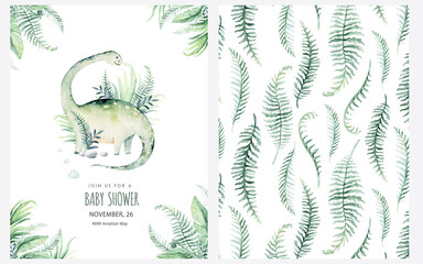 Cute cartoon baby dinosaurs collection watercolor baby shower invite, hand painted dino isolated on a white background for nursery poster decoration. Rex children funny art © kris_art