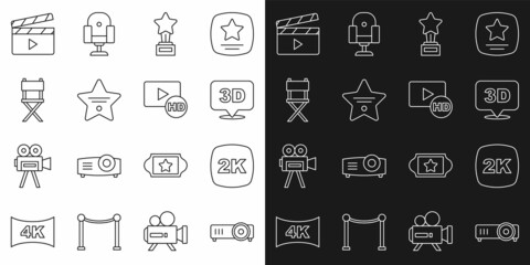 Set line Movie, film, media projector, 2k Ultra HD, 3D word, trophy, Walk of fame star, Director movie chair, clapper and Hd movie, tape, frame icon. Vector