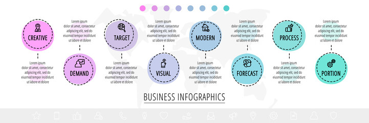 Line vector infographics with eight circles. Modern concept 8 icons with labels step by step for the app, business, website, interface, chart, levels, web, diagram, banner, presentations