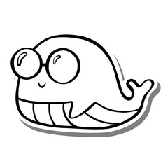 Cute cartoon Boy Whale Glasses Monochrome. Doodle on white silhouette and gray shadow. Vector illustration about aquatic animals for any design.