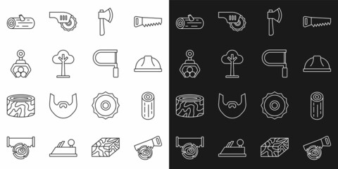 Set line Hand saw and log, Wooden logs, Worker safety helmet, axe, Tree, Grapple crane grabbed, and Hacksaw icon. Vector