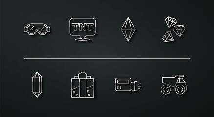 Set line Safety goggle glasses, Gem stone, Flashlight, Mine entrance, Dynamite, Mining dump truck and icon. Vector