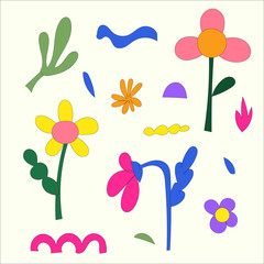 A set of botanical elements and chamomile flowers for a floral pattern. Summer icons in the style of the 60s-70s.