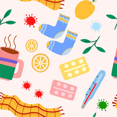 Seamless pattern items for the treatment of colds. For packaging, website, design. Vector illustration