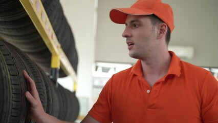 Employees or customers are viewing tires. Buy auto parts and get vehicle inspection services in auto garage, choose a new tire for car