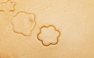 Piece of dough with parts extruded  for cookies using aluminum form