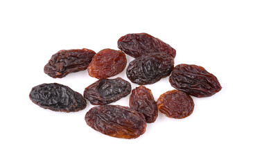 Top view of dried raisins isolated on white background.