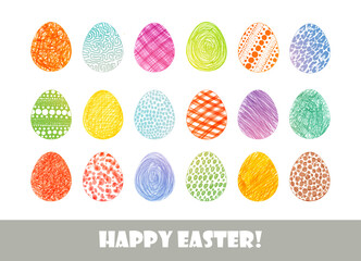 Set of bright colored doodle easter eggs on white background.
