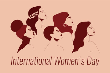 Young women of different ethnicity look forward together. International Women's day card with Strong and brave girls support each other. Sisterhood and females friendship poster. Vector illustration