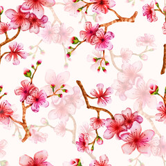 Cherry Blossoms Tree Branches Watercolor Seamless Pattern