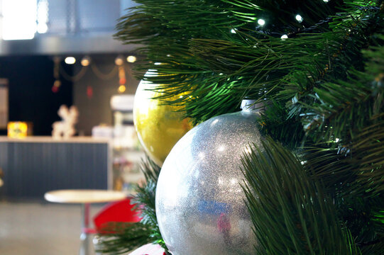 Christmas Balls On A Christmas Tree In A Large Trading Hall