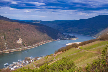 Fototapeta na wymiar The Rhine Valley near Assmannshausen/Germany from above in spring 