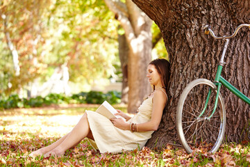 Book lovers are never alone. Shot of an attractive young woman reading a book in the park.