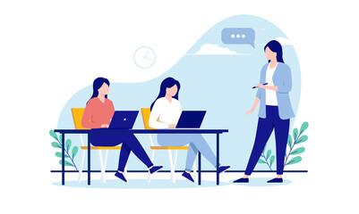 Woman teaching women - Teacher running a course for clients. Business training concept. Flat design vector illustration with white background