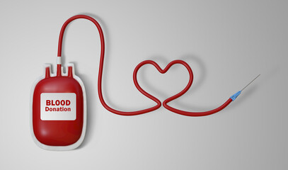 3D rendering image of  blood transfusion bag with heart shaped tube on white background