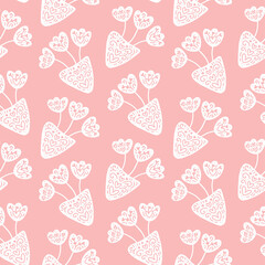 Retro seamless pattern of vase with flowers and blossom in hygge style. Scandinavian flourish vector element with hearts for valentine day, romantic love greeting card, holiday