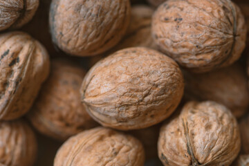 Lot of  walnuts in the pile.Background of fresh walnuts.
