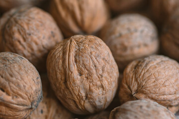 Lot of  walnuts in the pile.Background of fresh walnuts.