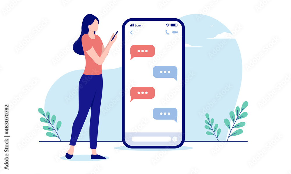 Poster Woman sending text message - Person standing with smartphone and texting. Flat design vector illustration with white background