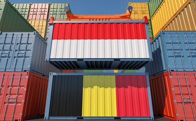 Freight containers with Indonesia and Belgium national flags. 3D Rendering 