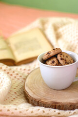 Mug filled with chocolate chip cookies, open book, reading glasses and knitted blanket on the bed. Selective focus.