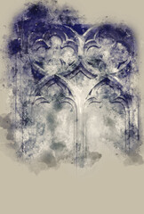watercolor style illustration of Gothic haunted part of the window made from stone