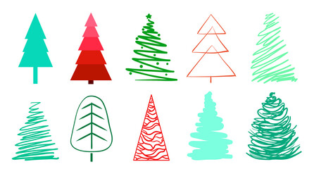 Christmas trees on white. Set for icons on isolated background. Geometric art. Universal coloful collection for trendy design. Abstract objects for flyers, posters, t-shirts and textiles