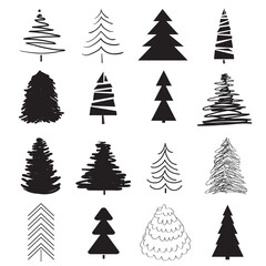 Obraz premium Christmas trees on white. Set for icons on isolated background. Geometric art. Objects for polygraphy, posters, t-shirts and textiles. Black and white illustration