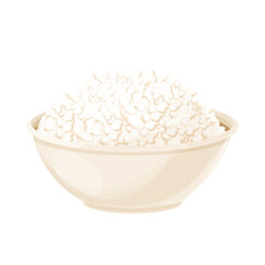 Cottage cheese dairy product in bowl in cartoon style isolated on white background. Farm nature ingredient, nutrition food.