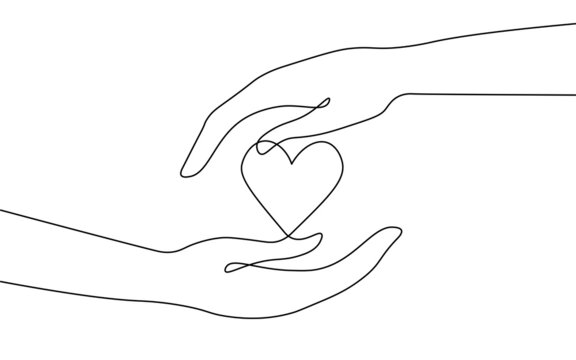 Fundraising giving heart symbol money hand. Continuous one line draw sketch art. Charity volunteer giving donate social project. Finance funding vector illustration